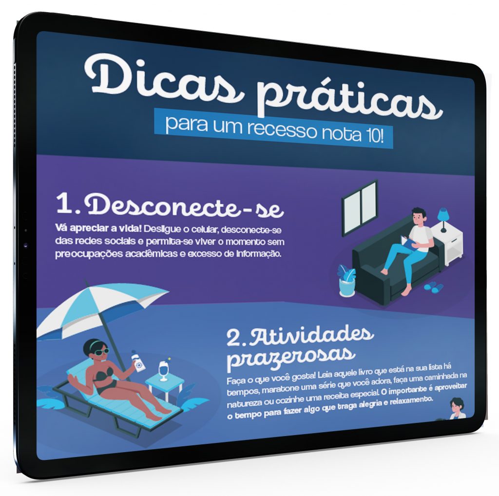 Ilustração de um iPad escrito na tela "Dicas Práticas para um recesso nota 10"