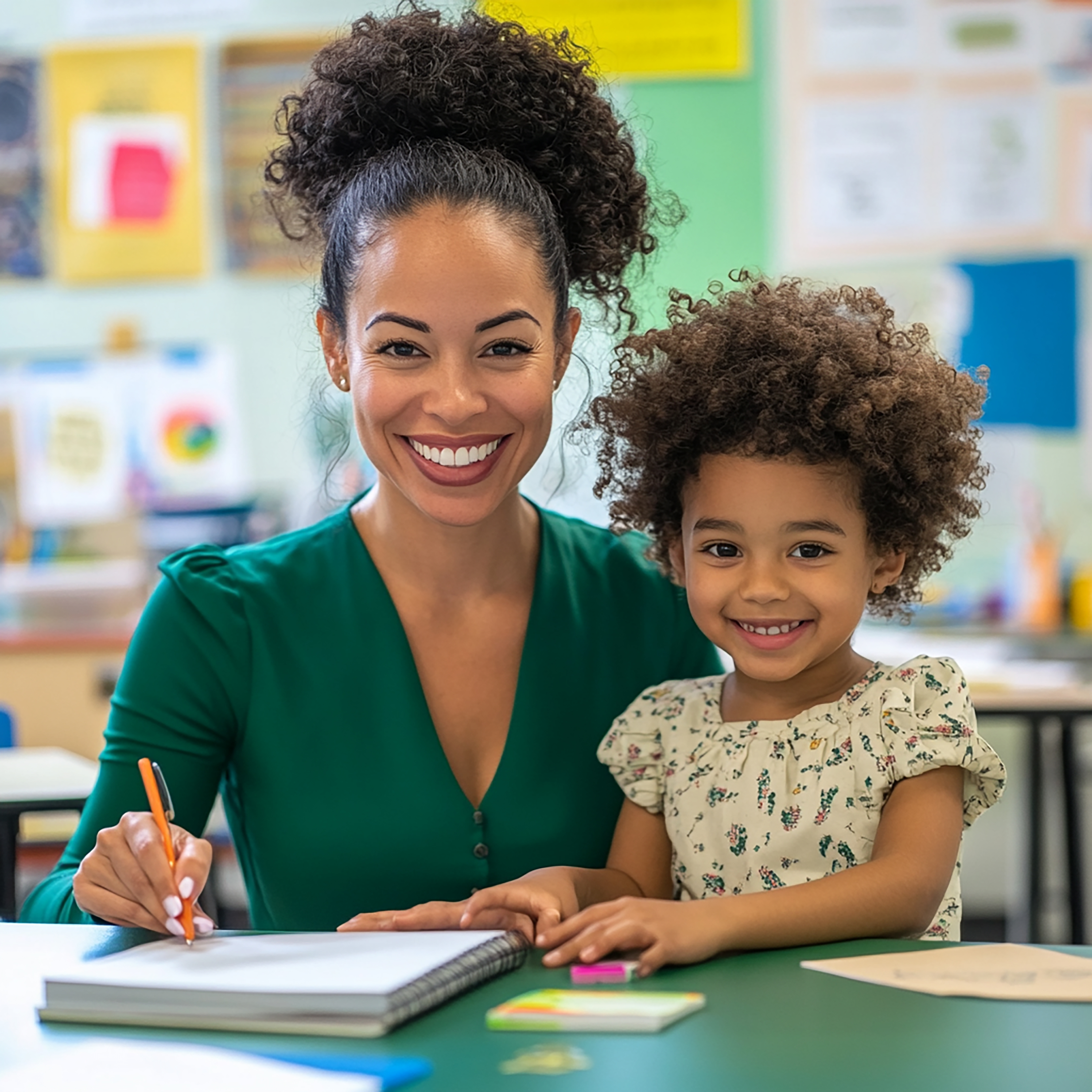 Professora e aluna sorrindo fazendo uma atividade no caderno