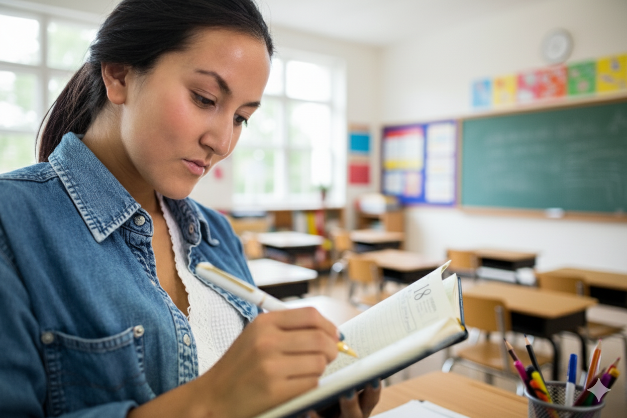 Professora organizando suas tarefas no final do ano letivo com materiais escolares sobre a mesa.